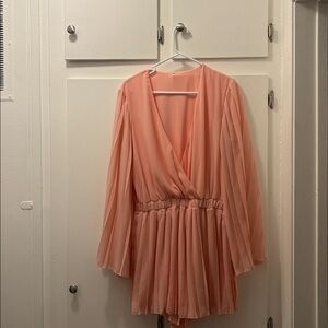 Peach Long Sleeve Pleated Romper Skort